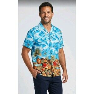 Coconut Pier Hawaiian Shirt Size M Blue Water & Floral Print Button